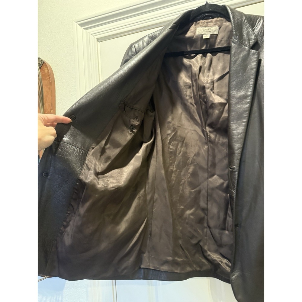 Vintage 90s Calvin Klein Collection Brown Lamb Leather Blazer Jacket Sz M - Picture 7 of 16
